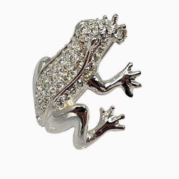 Roman Signed Clear Rhinestones Silver Tone Frog Brooch Pin Jewelry 1.25 Inches - Picture 1 of 7